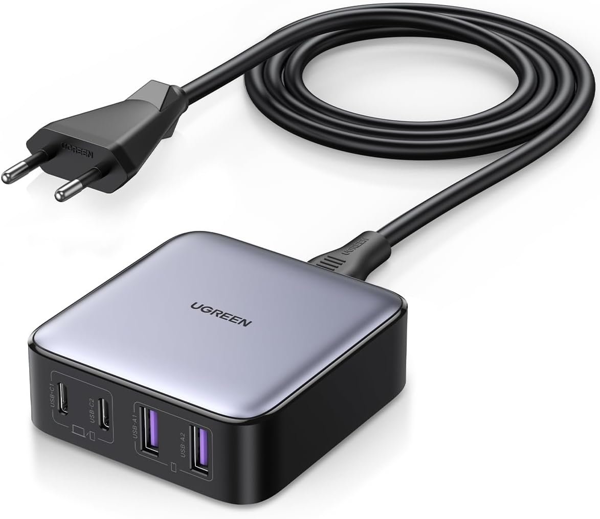 Frame de anúncio examinado: carregador GaN compacto de marca com portas USB-C