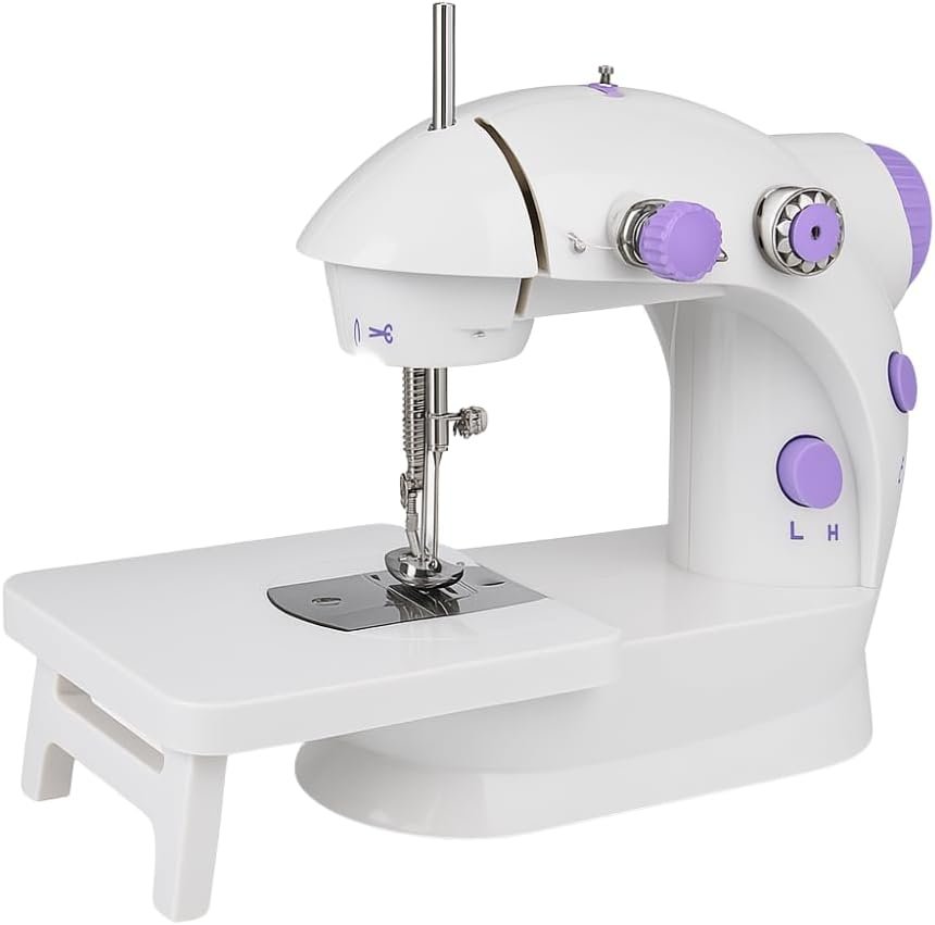 Mini máquina de costura portátil elétrica com pedal e mesa extensora, do tipo genérico vendido nos anúncios examinados