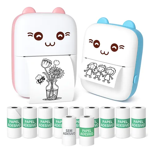 Foto do anúncio examinado: mini impressora térmica no formato gatinho, com rolinhos de papel térmico ao lado